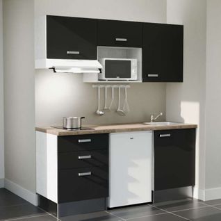 Kitchenette K20l-pt - 180 Cm-façade Noir-plan Bois-evier Inox-crédences Non+electro Blanc