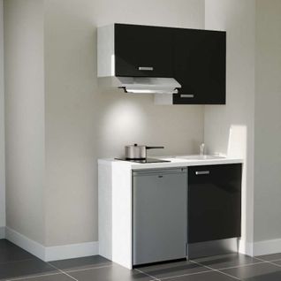 Kitchenette K01l-pt - 120 Cm-façade Noir-plan Blanc-evier Inox-crédences Non+electro Inox