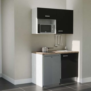 Kitchenette K07l-pt - 120 Cm-façade Noir-plan Bois-evier Inox-crédences Non+electro Inox