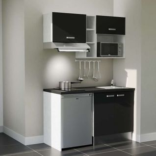 Kitchenette K13l-pt - 140 Cm-façade Noir-plan Noir Texturé-evier Inox-crédences Non+electro Inox