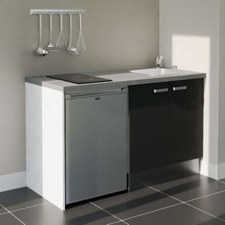 Kitchenette K17l-pt - 140 Cm-façade Noir-plan Gris Béton-evier Inox-crédences Non+electro Inox