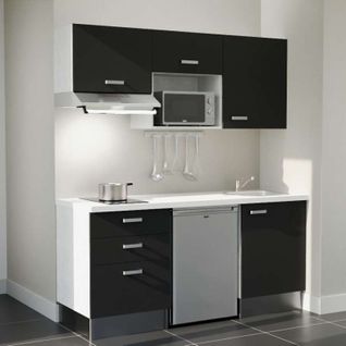 Kitchenette K20l-pt - 180 Cm-façade Noir-plan Blanc-evier Inox-crédences Non+electro Inox