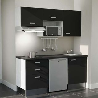 Kitchenette K20l-pt - 180 Cm-façade Noir-plan Noir Texturé-evier Inox-crédences Non+electro Inox