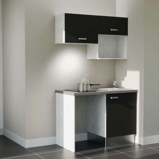 Kitchenette K02l-pt - 120 Cm Avec Plan De Travail Et Évier - Façade Noir - Plan Gris - Evier Noir