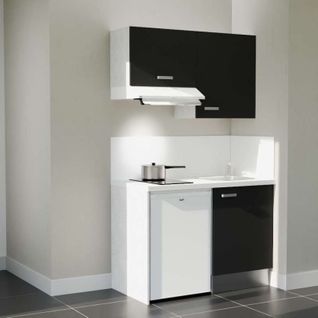 Kitchenette K01l-pt - 120 Cm-façade Noir-plan Blanc-evier Inox-crédences Oui+electro Blanc