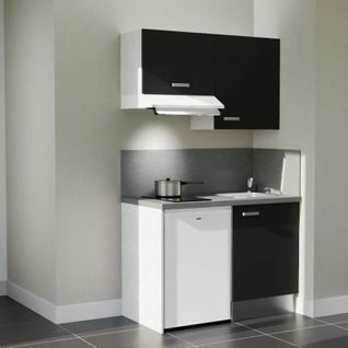 Kitchenette K01l-pt - 120 Cm-façade Noir-plan Gris Béton-evier Inox-crédences Oui+electro Blanc