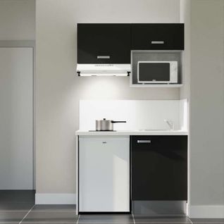Kitchenette K02l-pt - 120 Cm-façade Noir-plan Blanc-evier Inox-crédences Oui+electro Blanc