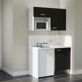 Kitchenette K07l-pt - 120 Cm-façade Noir-plan Blanc-evier Inox-crédences Oui+electro Blanc