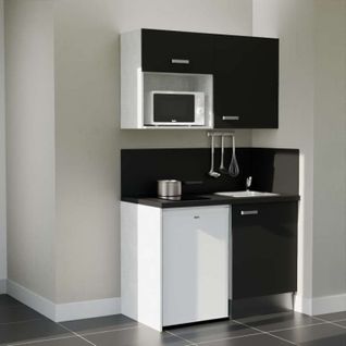Kitchenette K07l-pt - 120 Cm-façade Noir-plan Noir Texturé-evier Inox-crédences Oui+electro Blanc