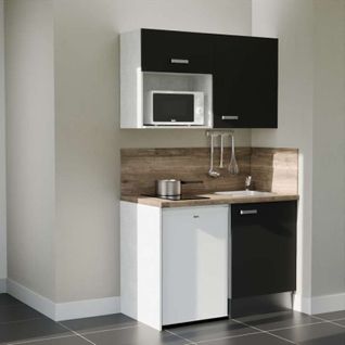 Kitchenette K07l-pt - 120 Cm-façade Noir-plan Bois-evier Inox-crédences Oui+electro Blanc