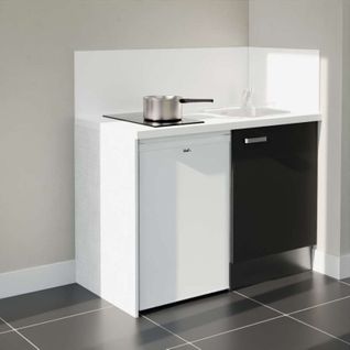 Kitchenette K08l-pt - 120 Cm-façade Noir-plan Blanc-evier Inox-crédences Oui+electro Blanc