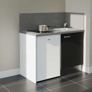 Kitchenette K08l-pt - 120 Cm-façade Noir-plan Gris Béton-evier Inox-crédences Oui+electro Blanc