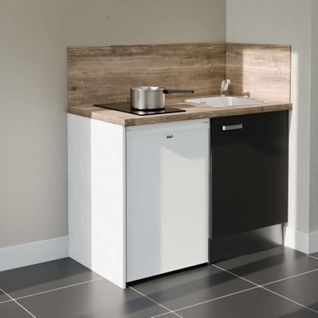 Kitchenette K08l-pt - 120 Cm-façade Noir-plan Bois-evier Inox-crédences Oui+electro Blanc