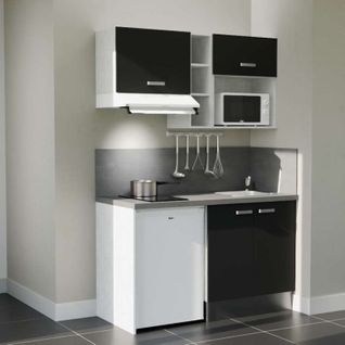 Kitchenette K13l-pt - 140 Cm-façade Noir-plan Gris Béton-evier Inox-crédences Oui+electro Blanc