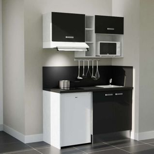 Kitchenette K13l-pt - 140 Cm-façade Noir-plan Noir Texturé-evier Inox-crédences Oui+electro Blanc