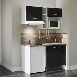 Kitchenette K13l-pt - 140 Cm-façade Noir-plan Bois-evier Inox-crédences Oui+electro Blanc