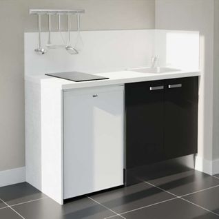 Kitchenette K17l-pt - 140 Cm-façade Noir-plan Blanc-evier Inox-crédences Oui+electro Blanc