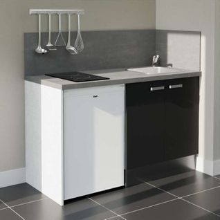 Kitchenette K17l-pt - 140 Cm-façade Noir-plan Gris Béton-evier Inox-crédences Oui+electro Blanc