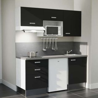 Kitchenette K20l-pt - 180 Cm-façade Noir-plan Gris Béton-evier Inox-crédences Oui+electro Blanc