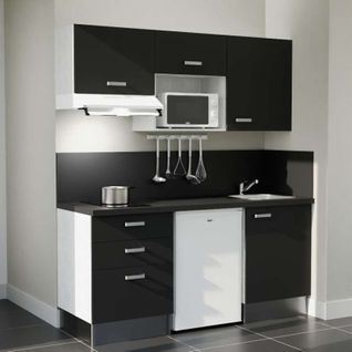 Kitchenette K20l-pt - 180 Cm-façade Noir-plan Noir Texturé-evier Inox-crédences Oui+electro Blanc