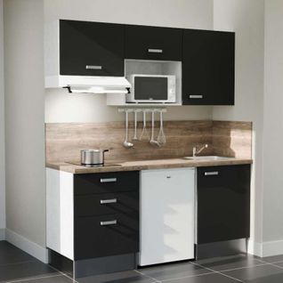 Kitchenette K20l-pt - 180 Cm-façade Noir-plan Bois-evier Inox-crédences Oui+electro Blanc