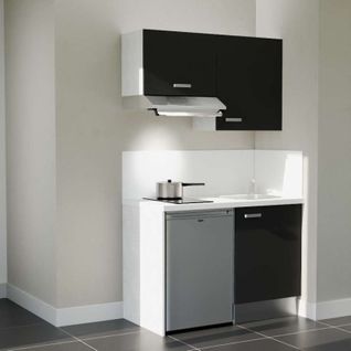 Kitchenette K01l-pt - 120 Cm-façade Noir-plan Blanc-evier Inox-crédences Oui+electro Inox