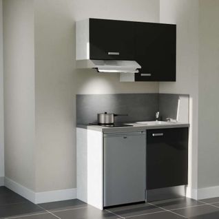 Kitchenette K01l-pt - 120 Cm-façade Noir-plan Gris Béton-evier Inox-crédences Oui+electro Inox