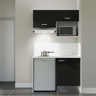 Kitchenette K02l-pt - 120 Cm-façade Noir-plan Blanc-evier Inox-crédences Oui+electro Inox