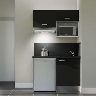 Kitchenette K02l-pt - 120 Cm-façade Noir-plan Noir Texturé-evier Inox-crédences Oui+electro Inox
