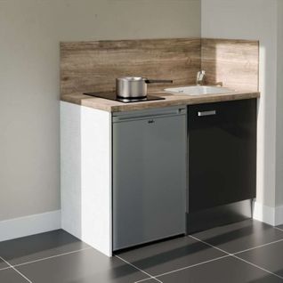 Kitchenette K08l-pt - 120 Cm-façade Noir-plan Bois-evier Inox-crédences Oui+electro Inox