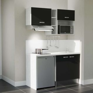 Kitchenette K13l-pt - 140 Cm-façade Noir-plan Blanc-evier Inox-crédences Oui+electro Inox
