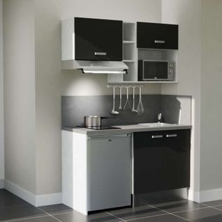 Kitchenette K13l-pt - 140 Cm-façade Noir-plan Gris Béton-evier Inox-crédences Oui+electro Inox
