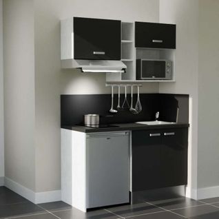 Kitchenette K13l-pt - 140 Cm-façade Noir-plan Noir Texturé-evier Inox-crédences Oui+electro Inox