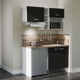 Kitchenette K13l-pt - 140 Cm-façade Noir-plan Bois-evier Inox-crédences Oui+electro Inox
