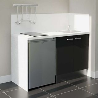 Kitchenette K17l-pt - 140 Cm-façade Noir-plan Blanc-evier Inox-crédences Oui+electro Inox