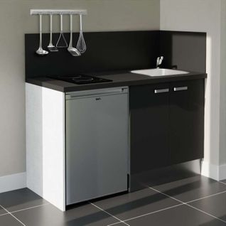 Kitchenette K17l-pt - 140 Cm-façade Noir-plan Noir Texturé-evier Inox-crédences Oui+electro Inox