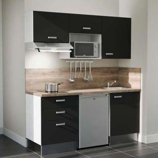 Kitchenette K20l-pt - 180 Cm-façade Noir-plan Bois-evier Inox-crédences Oui+electro Inox