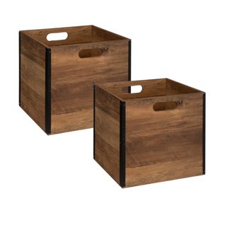 Lot De 2 Boîtes De Rangement En Bois Marron Style Industriel 31 X 31 Cm