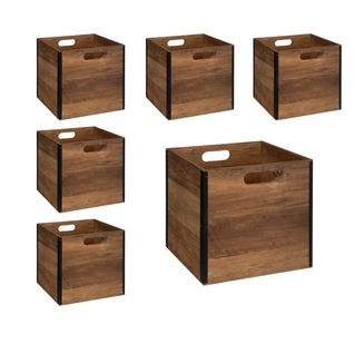 Lot De 6 Boîtes De Rangement En Bois Marron Style Industriel 31 X 31 Cm