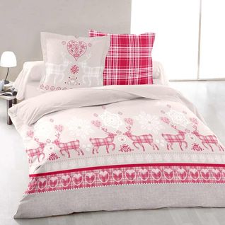 Housse De Couette Esprit Chalet Vanoise Rouge + 2 Taies 65x65 Cm – 100% Coton 57 Fils/cm² Doux Et