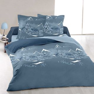 Housse De Couette 240x220 Bleue + Taies Esprit Montagne Pur Coton - Nuit Des Alpes