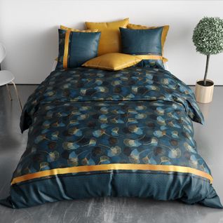 Housse De Couette Ginko Pur Coton 57 Fils - Parure De Lit Bleu Minéral Et Dorée Avec 2 Taies