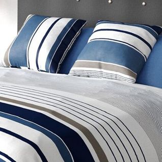 Housse De Couette Belize à Rayures Bleues, Taupes Et Blanches 220x240 Cm + 2 Taies Carrées - 100 %