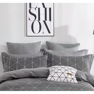 Housse De Couette Grise Et Blanche Percale De Coton 220x240 Cm + 2 Taies Carrées