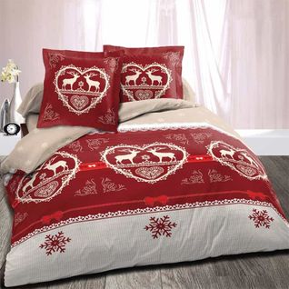 Housse De Couette Coton 220x240 Chalet Winter Rouge + 2 Taies - 100% Coton - 57 Fils/cm² - Grand
