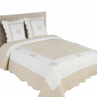 Boutis Peaceland – Grande Dimension 260x260 Cm- 100% Coton Coloris Lin. Couvre Lit Matelassé, Brodé,