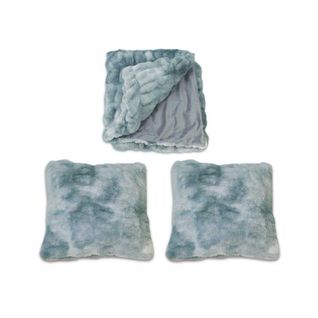 Lot Plaid + 2 Coussins Bleu Fausse Fourrure Ultra Douce - Calinou