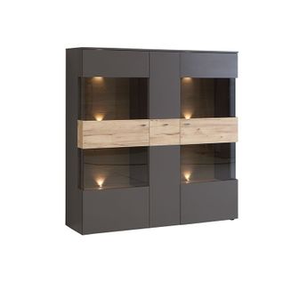 Armoire Vitrine 150 Cm 3 Portes Décor Bois Clair Et Gris - Marbella