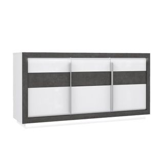 Buffet 193 Cm 3 Portes Blanc Laqué Décor Gris Béton Avec LED - Calvi