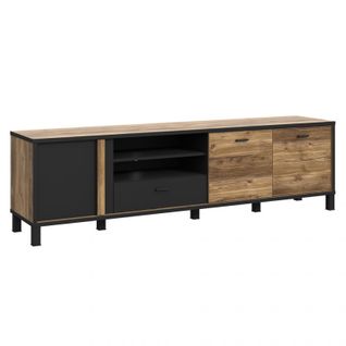 Meuble TV 200 Cm 3 Portes Décor Bois Et Noir Pieds Métal Noir - Celia